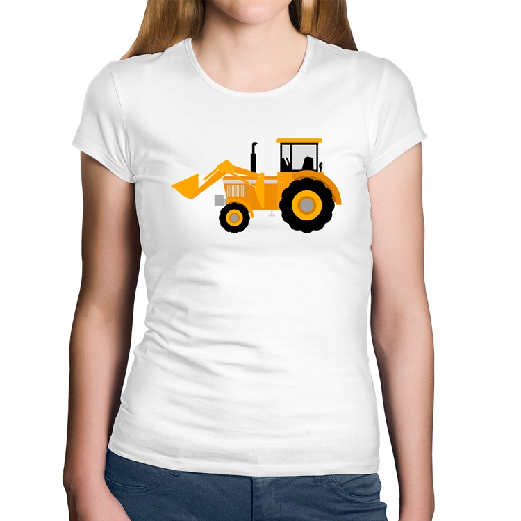 Baby Look Algodão Trator Pá Carregadeira Amarelo - Branca