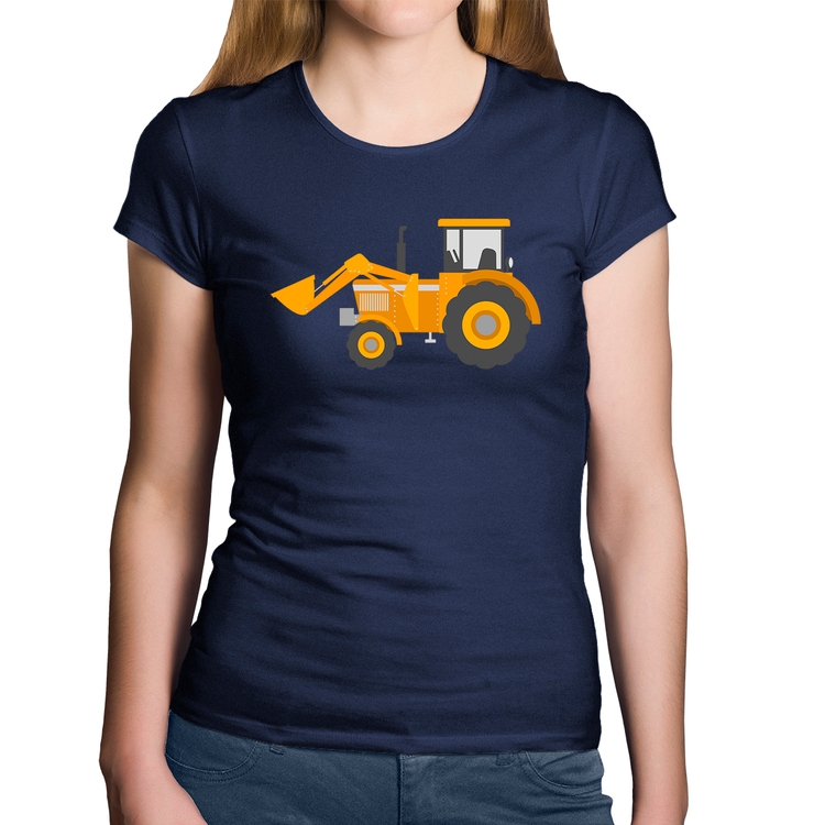 Baby Look Algodão Trator Pá Carregadeira Amarelo - Marinho