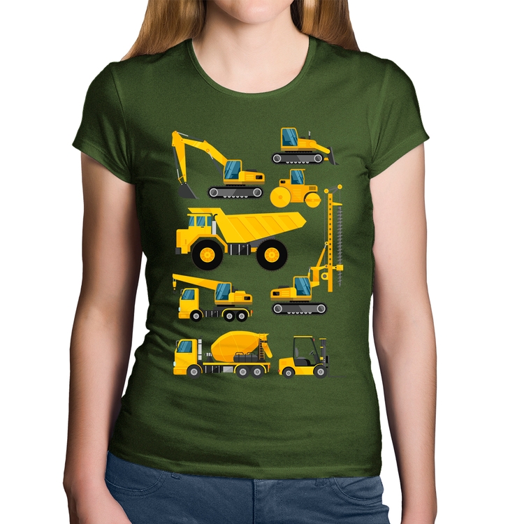 Baby Look Algodão Veículos de construção - Musgo