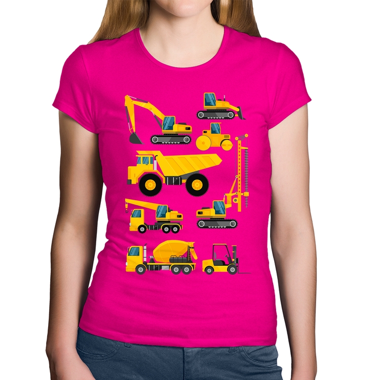 Baby Look Algodão Veículos de construção - Rosa