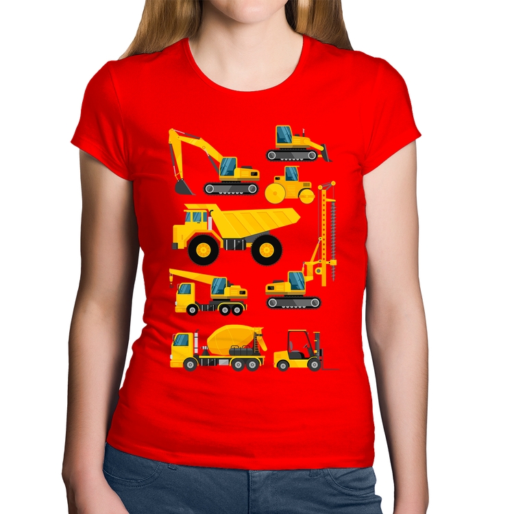 Baby Look Algodão Veículos de construção - Vermelha