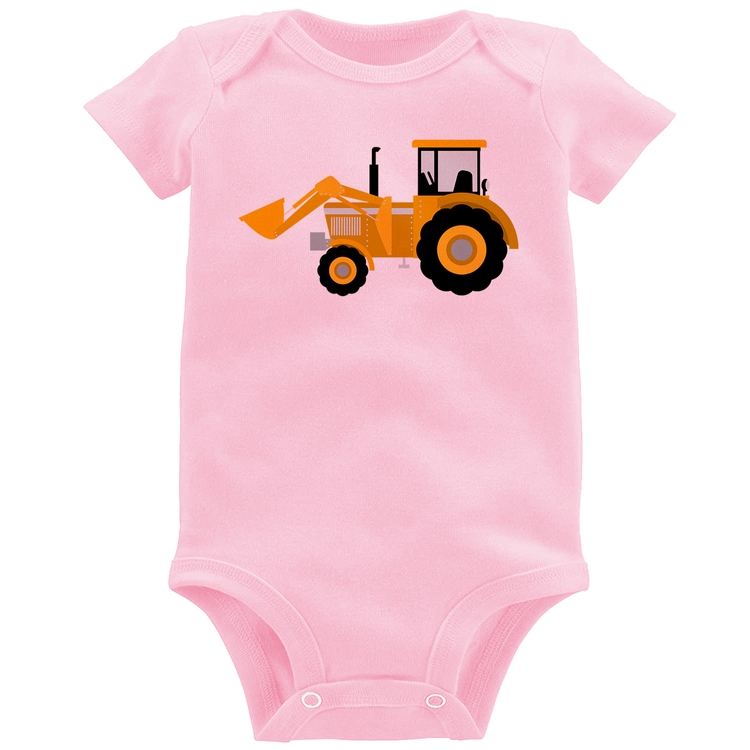 Body Bebê Trator Pá Carregadeira Amarelo - Rosa Bebê