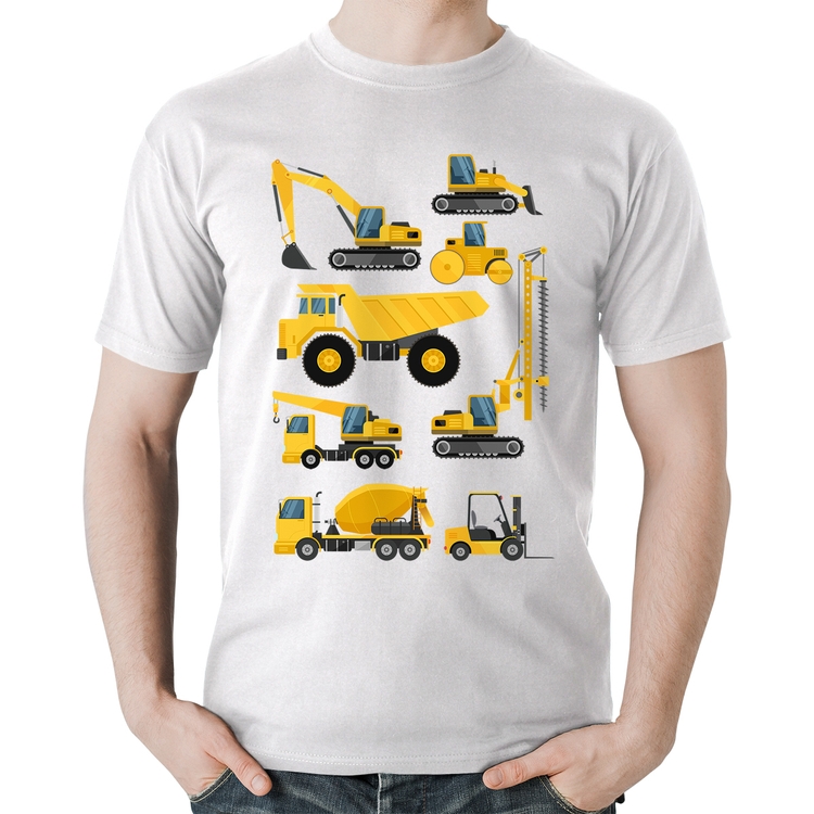 Camiseta Algodão Veículos de construção - Branca