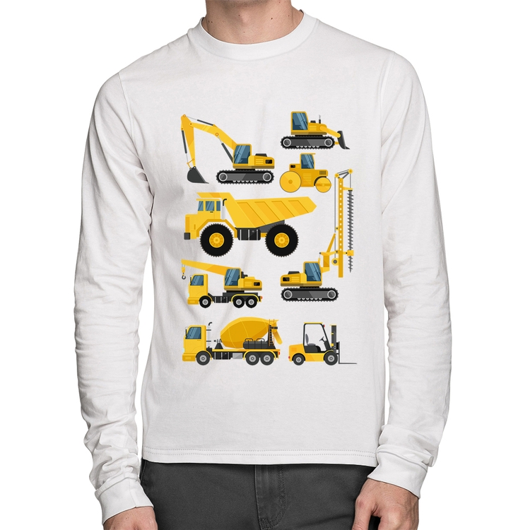 Camiseta Algodão Veículos de construção Manga Longa - Branca