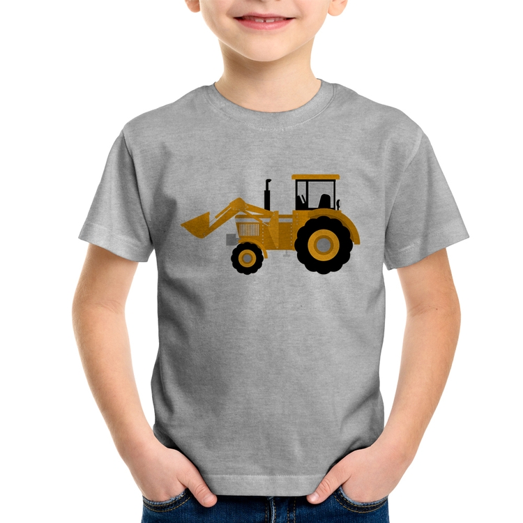 Camiseta Infantil Trator Pá Carregadeira Amarelo - Cinza