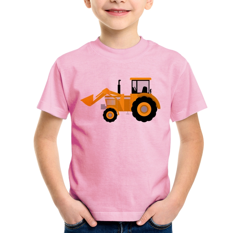 Camiseta Infantil Trator Pá Carregadeira Amarelo - Rosa Bebê