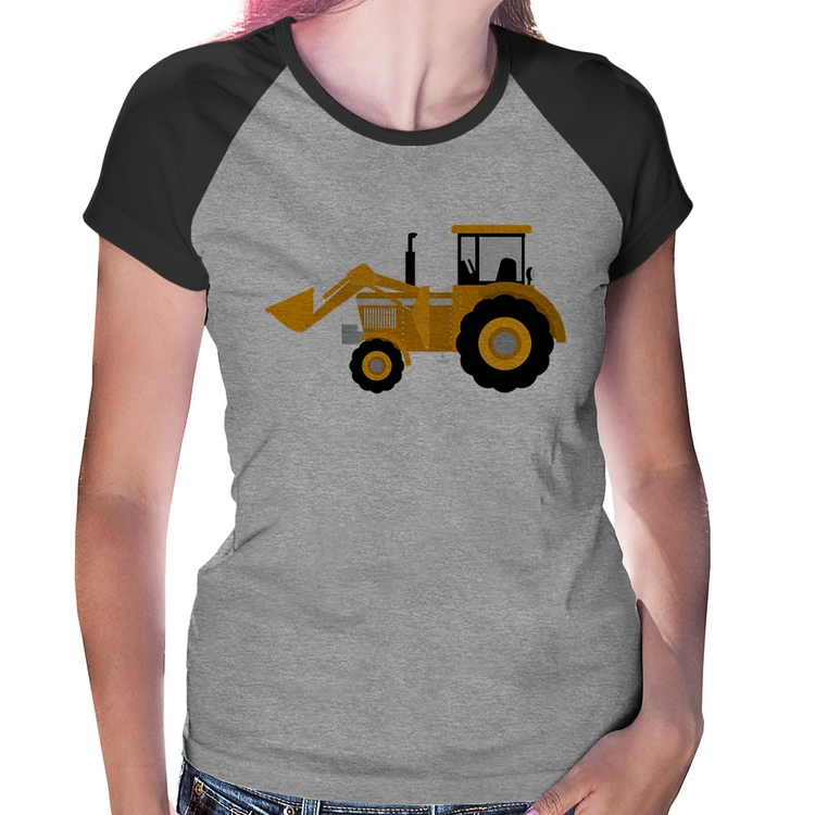 Baby Look Raglan Trator Pá Carregadeira Amarelo - Cinza/Preto