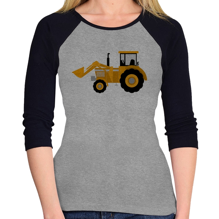 Baby Look Raglan Trator Pá Carregadeira Amarelo Manga 3/4 - Cinza/Preto