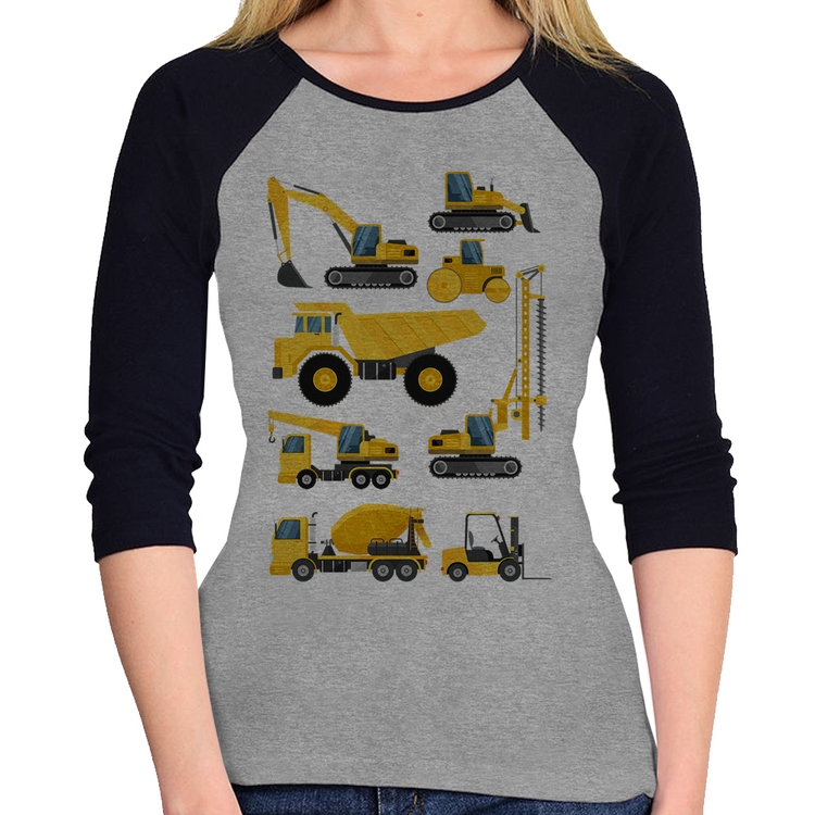 Baby Look Raglan Veículos de construção Manga 3/4 - Cinza/Preto