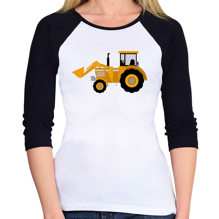 Baby Look Raglan Trator Pá Carregadeira Amarelo Manga 3/4