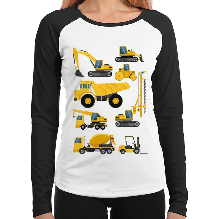 Baby Look Raglan Veículos de construção Manga Longa