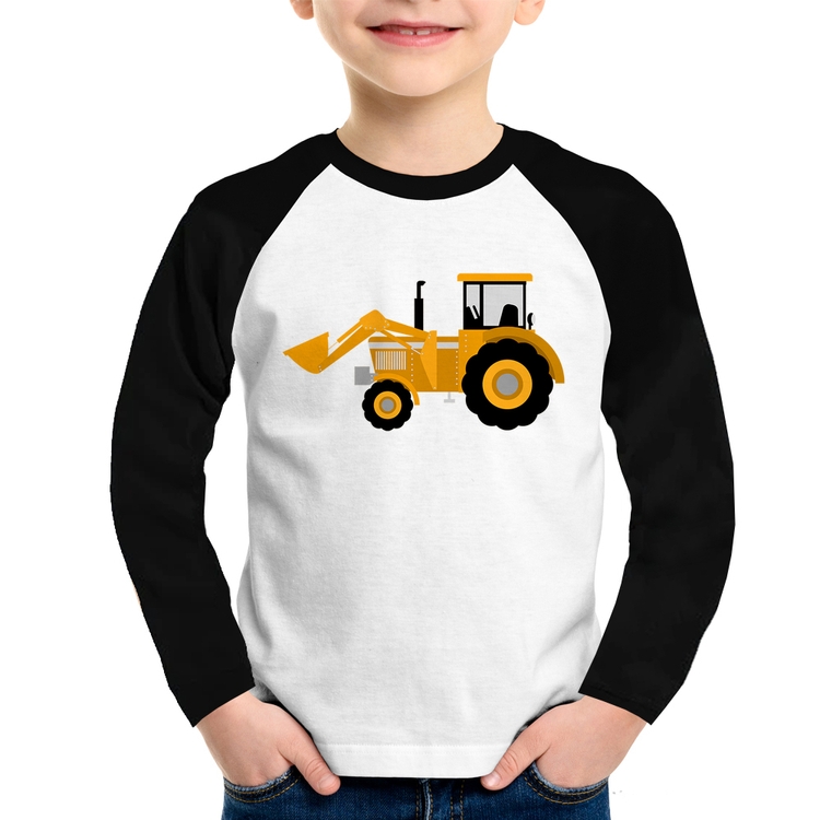 Camiseta Raglan Infantil Trator Pá Carregadeira Amarelo Manga Longa