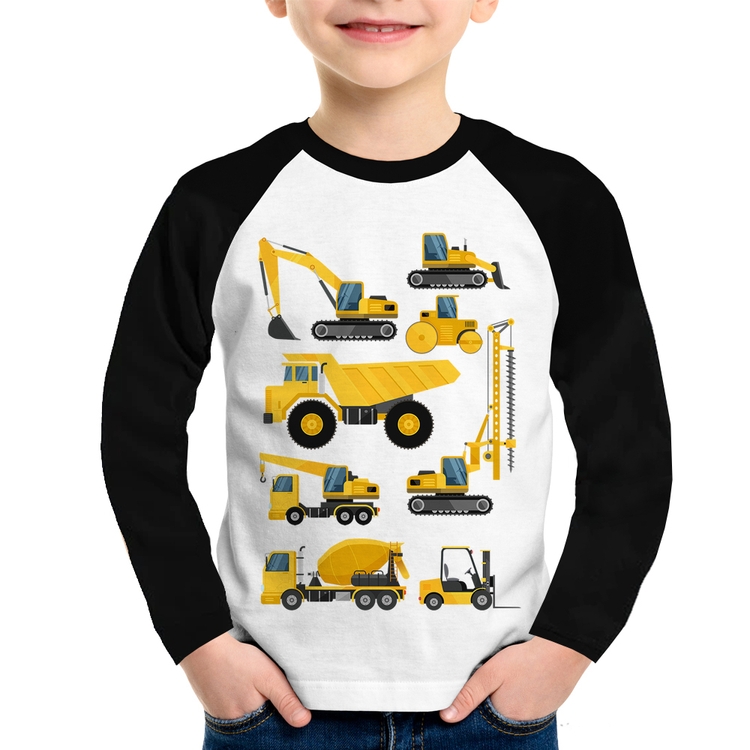 Camiseta Raglan Infantil Veículos de construção Manga Longa