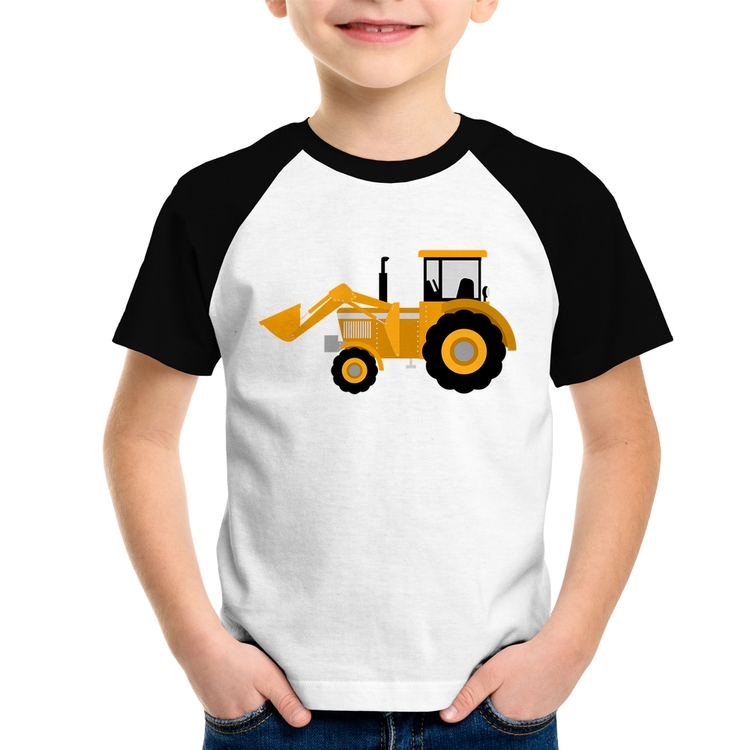 Camiseta Raglan Infantil Trator Pá Carregadeira Amarelo