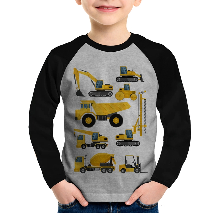 Camiseta Raglan Infantil Veículos de construção Manga Longa - Cinza/Preto