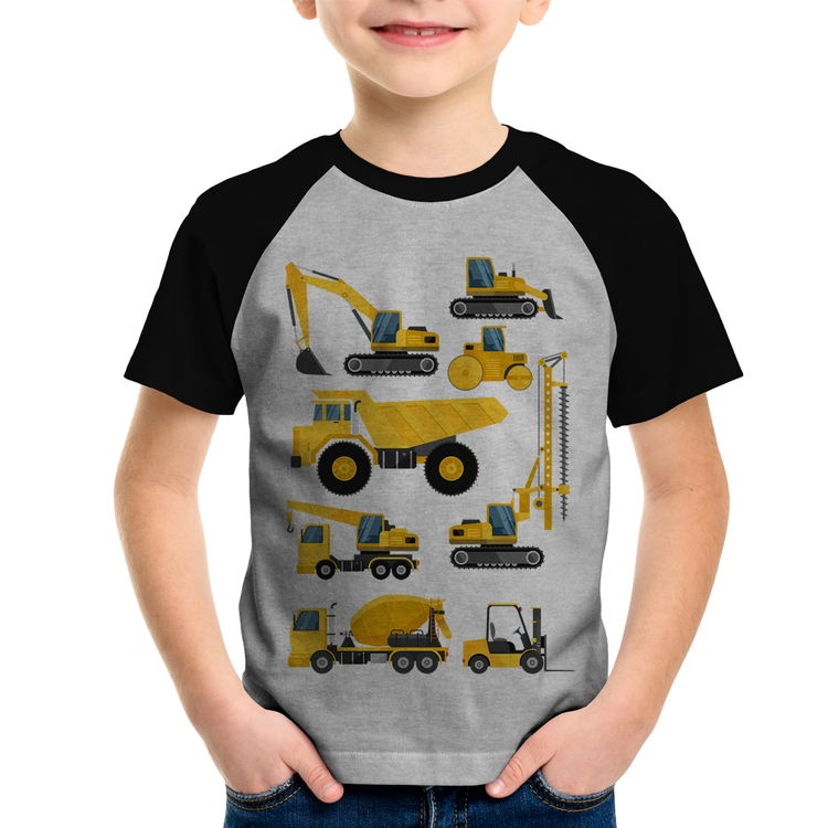 Camiseta Raglan Infantil Veículos de construção - Cinza/Preto
