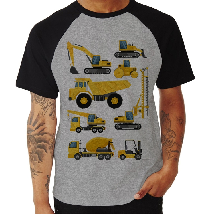 Camiseta Raglan Veículos de construção - Cinza/Preto