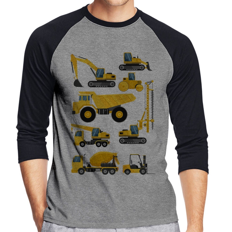 Camiseta Raglan Veículos de construção Manga 3/4 - Cinza/Preto