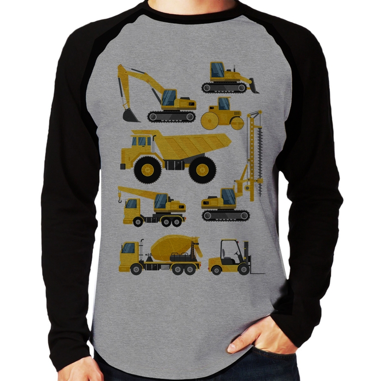 Camiseta Raglan Veículos de construção Manga Longa - Cinza/Preto