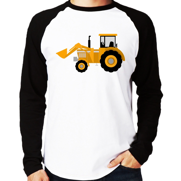 Camiseta Raglan Trator Pá Carregadeira Amarelo Manga Longa