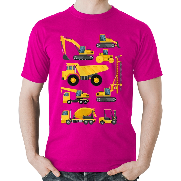 Camiseta Algodão Veículos de construção - Rosa