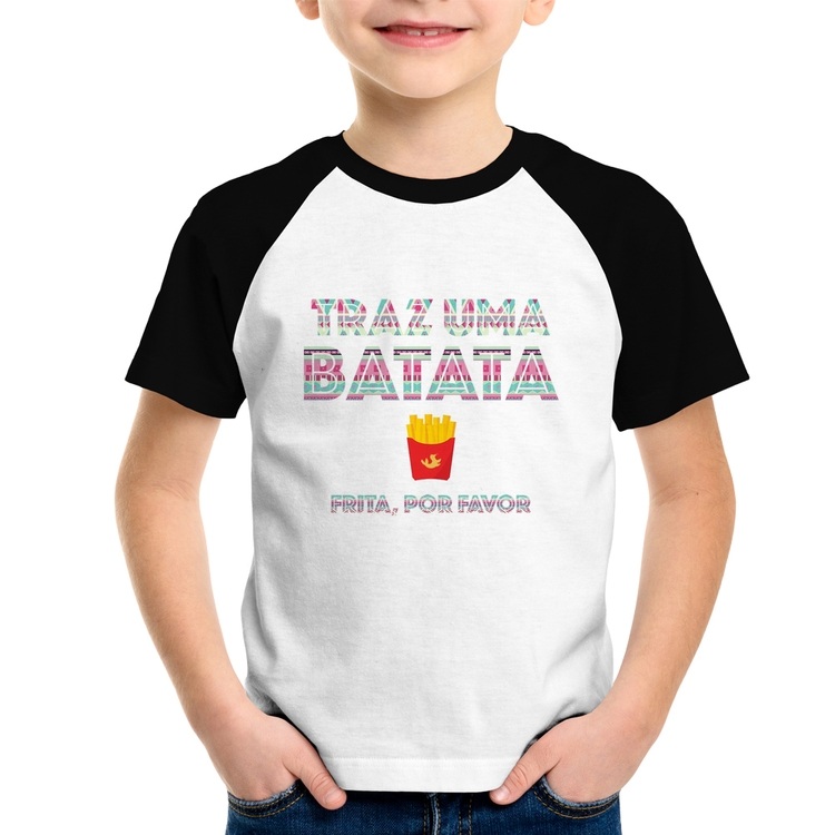 Camiseta Raglan Infantil Traz uma batata, frita por favor