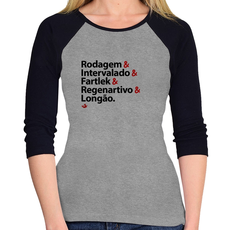 Baby Look Raglan Treinos de Corrida Manga 3/4 - Cinza/Preto