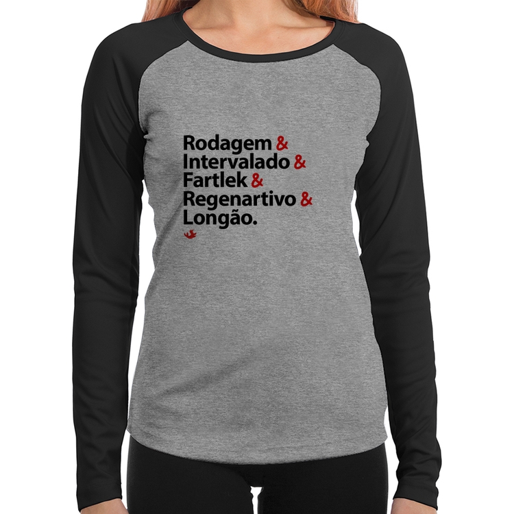 Baby Look Raglan Treinos de Corrida Manga Longa - Cinza/Preto