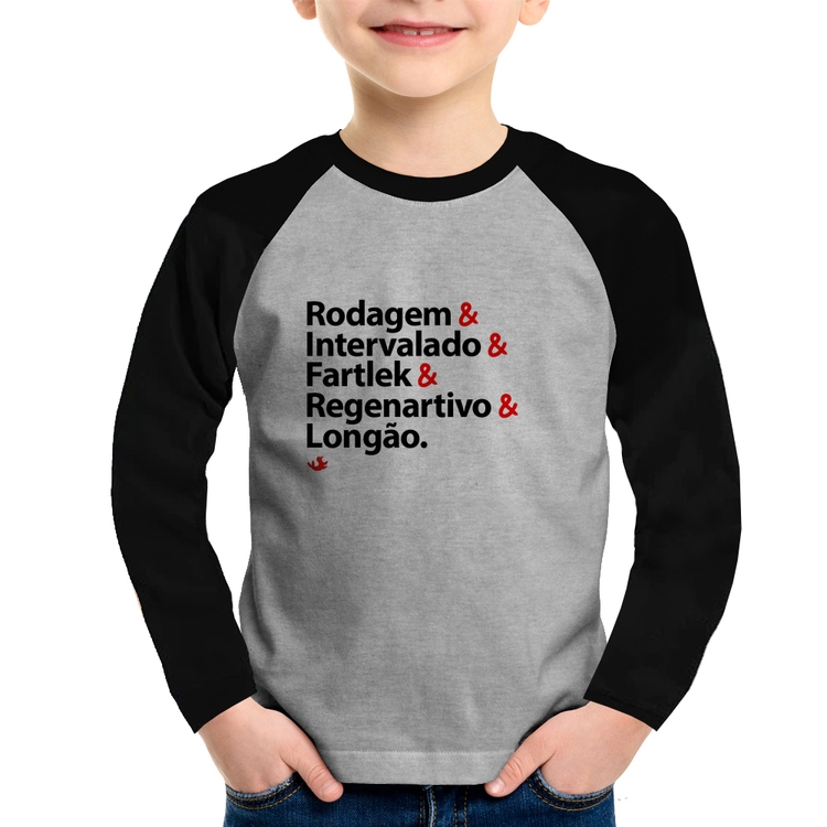 Camiseta Raglan Infantil Treinos de Corrida Manga Longa - Cinza/Preto