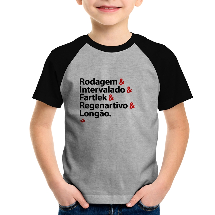 Camiseta Raglan Infantil Treinos de Corrida - Cinza/Preto