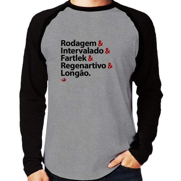 Camiseta Raglan Treinos de Corrida Manga Longa - Cinza/Preto