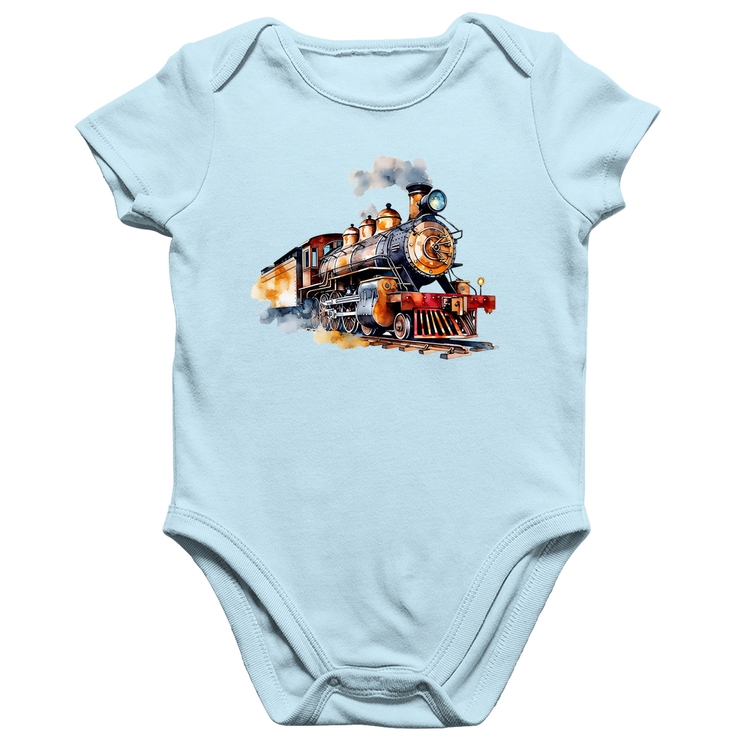 Body Bebê Algodão Trem Watercolor - Azul Bebê