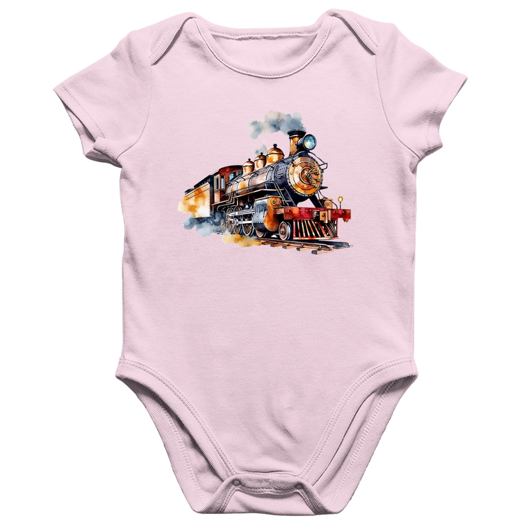 Body Bebê Algodão Trem Watercolor - Rosa Bebê