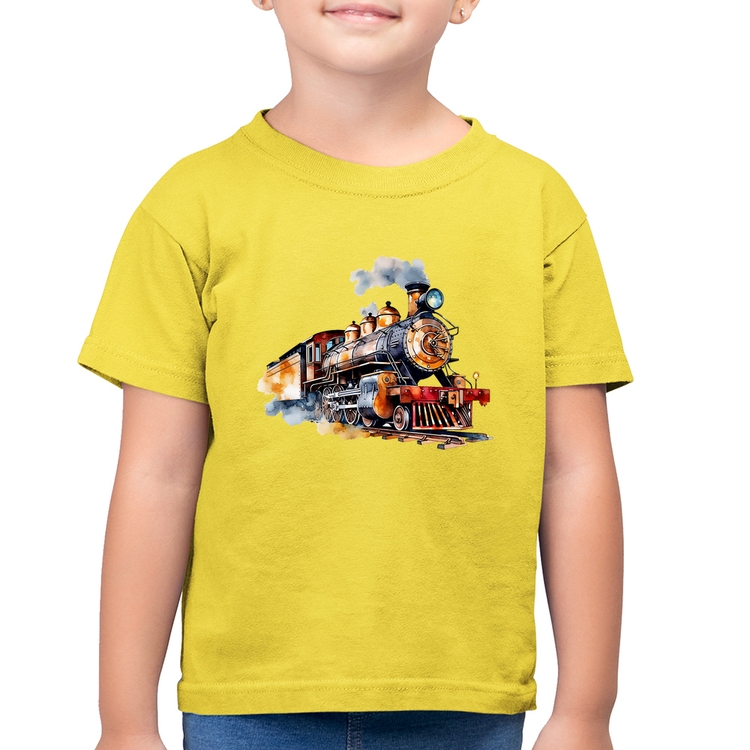 Camiseta Algodão Infantil Trem Watercolor - Amarelo Canário