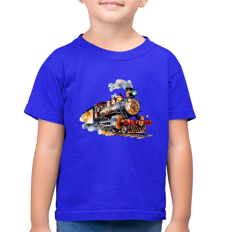 Camiseta Algodão Infantil Trem Watercolor - Azul Royal