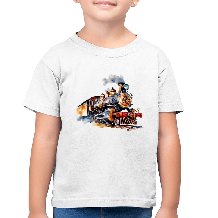 Camiseta Algodão Infantil Trem Watercolor - Branca