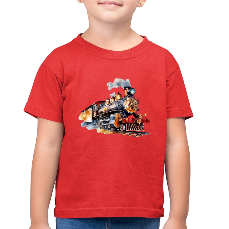 Camiseta Algodão Infantil Trem Watercolor - Vermelha
