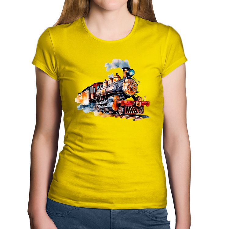 Baby Look Algodão Trem Watercolor - Amarela