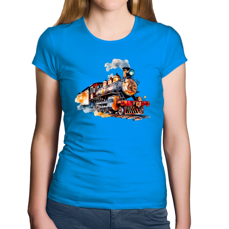 Baby Look Algodão Trem Watercolor - Azul