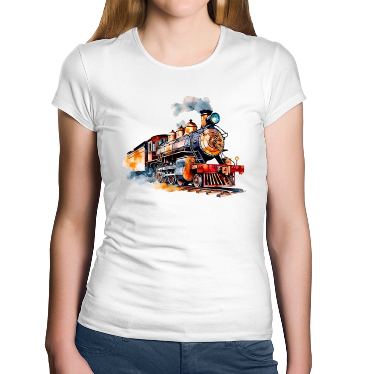 Baby Look Algodão Trem Watercolor - Branca