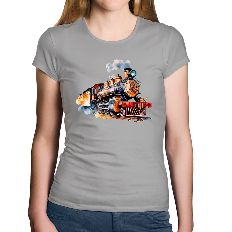 Baby Look Algodão Trem Watercolor - Cinza