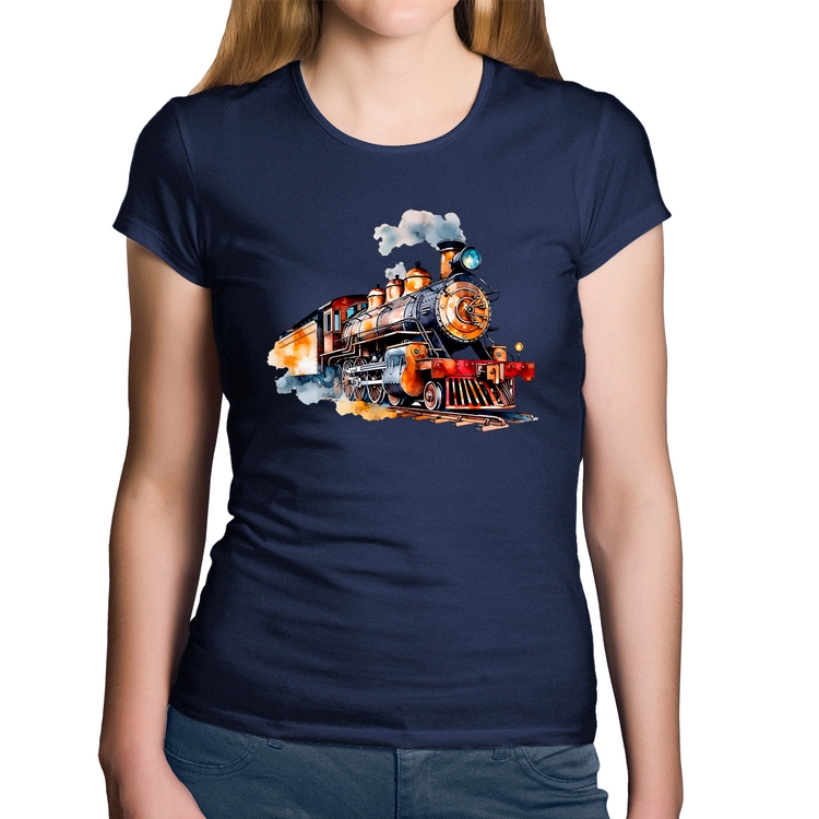 Baby Look Algodão Trem Watercolor - Marinho