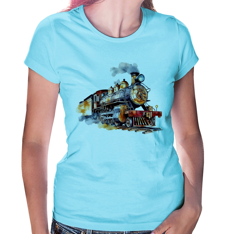 Baby Look Trem Watercolor - Azul Bebê