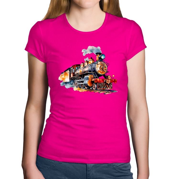 Baby Look Algodão Trem Watercolor - Rosa