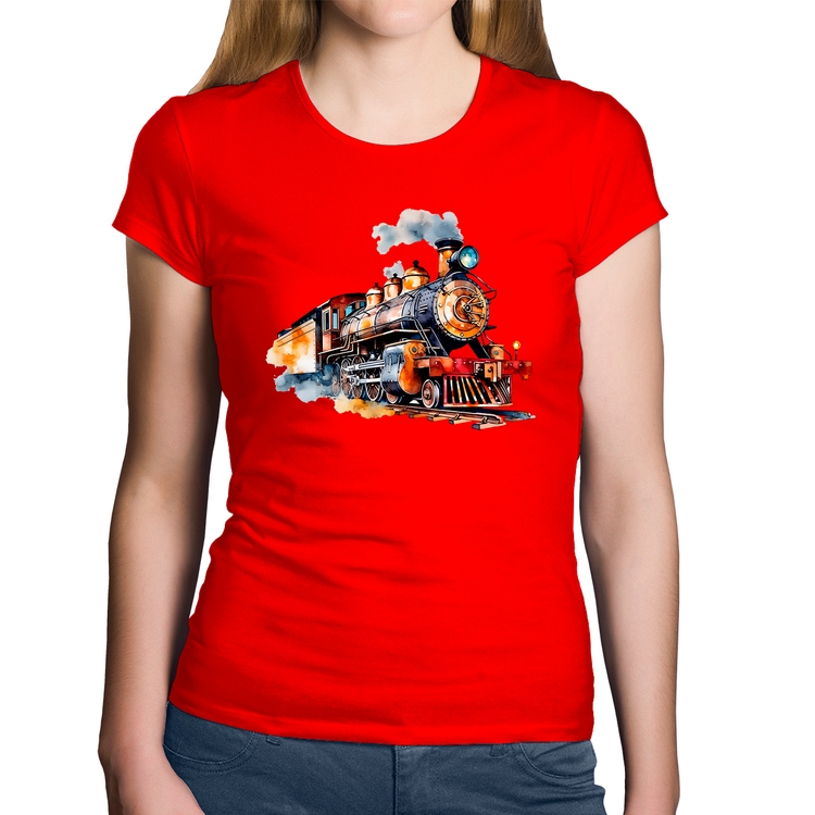 Baby Look Algodão Trem Watercolor - Vermelha