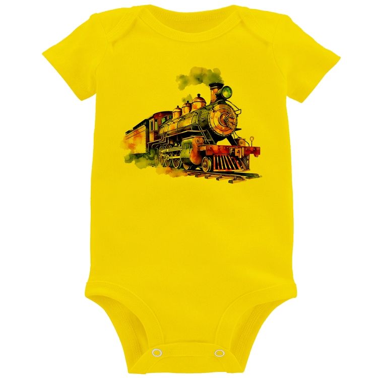 Body Bebê Trem Watercolor - Amarelo