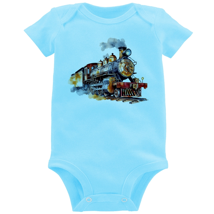Body Bebê Trem Watercolor - Azul Bebê