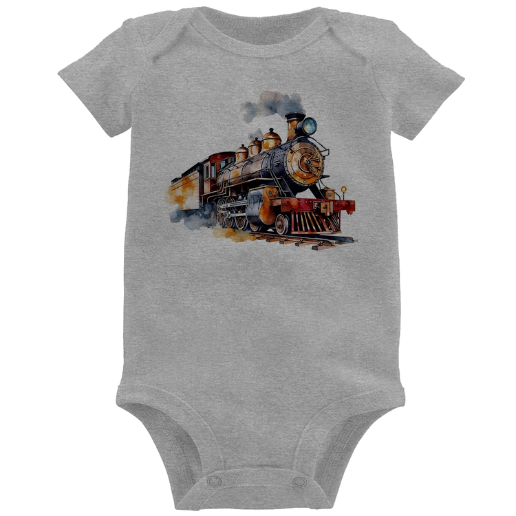 Body Bebê Trem Watercolor - Cinza