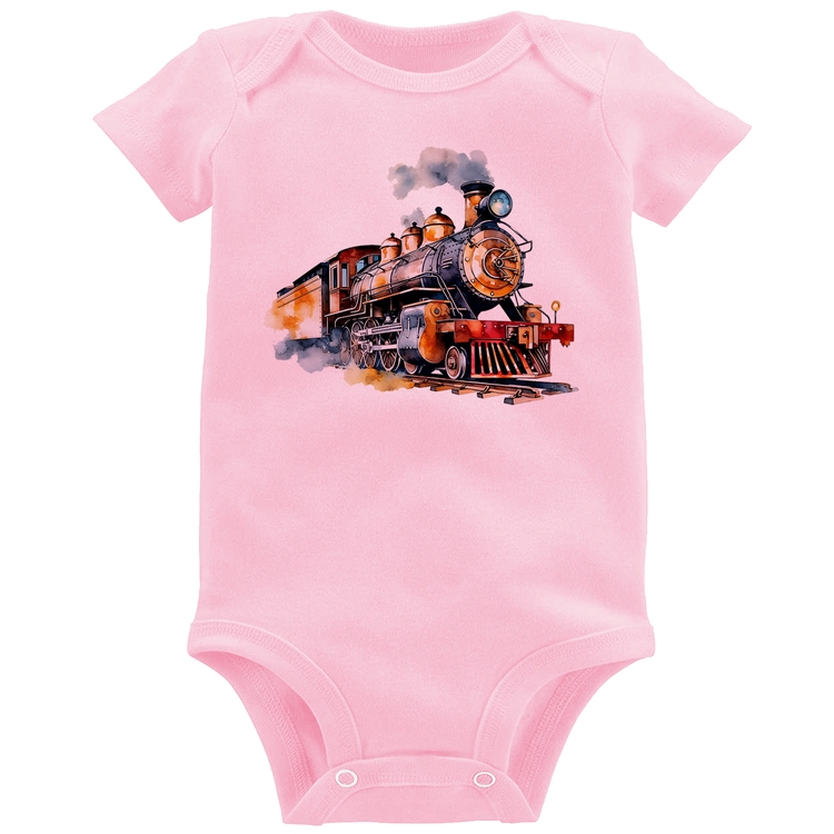 Body Bebê Trem Watercolor - Rosa Bebê