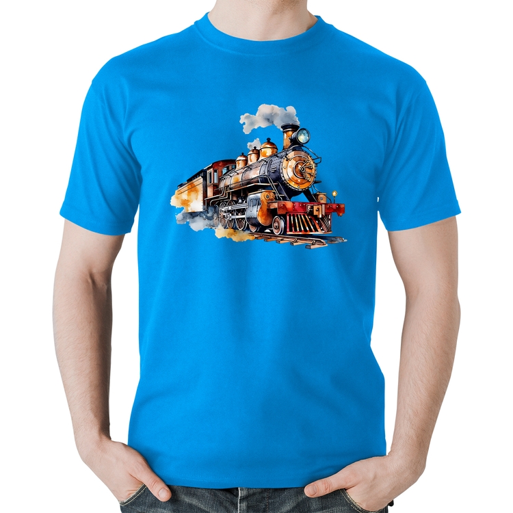 Camiseta Algodão Trem Watercolor - Azul